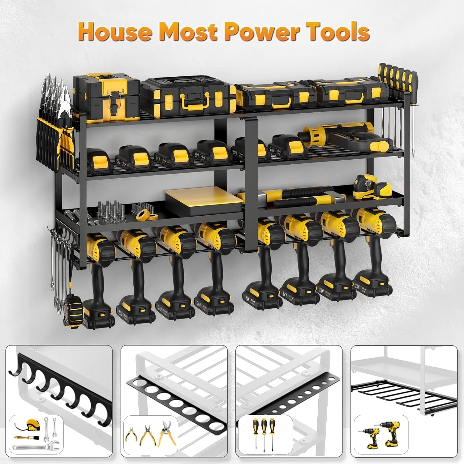 Black 4-Tier Alloy Steel Tool Wall Rack 8 Drill Holder Garage Organizer