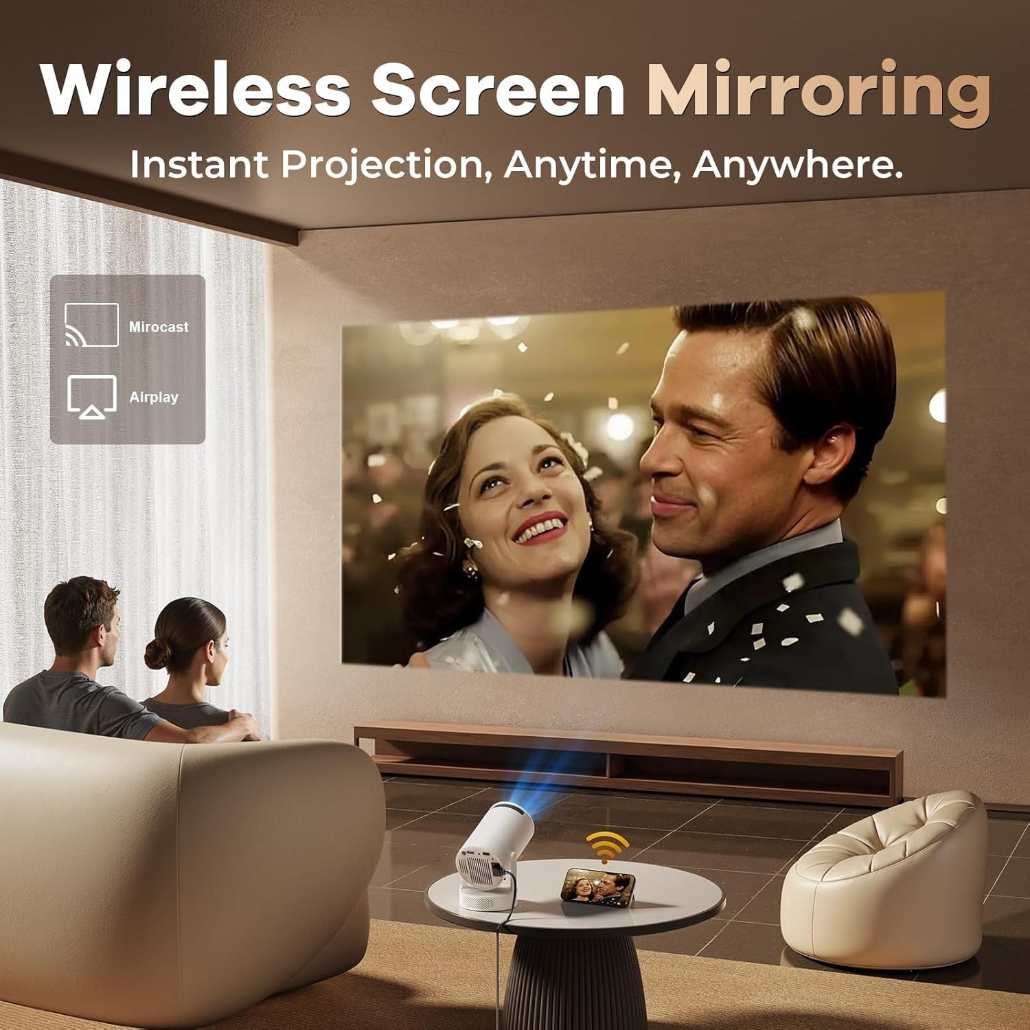 1080P Smart Mini Projector WiFi 6 Bluetooth 4K Support 180° Auto Keystone