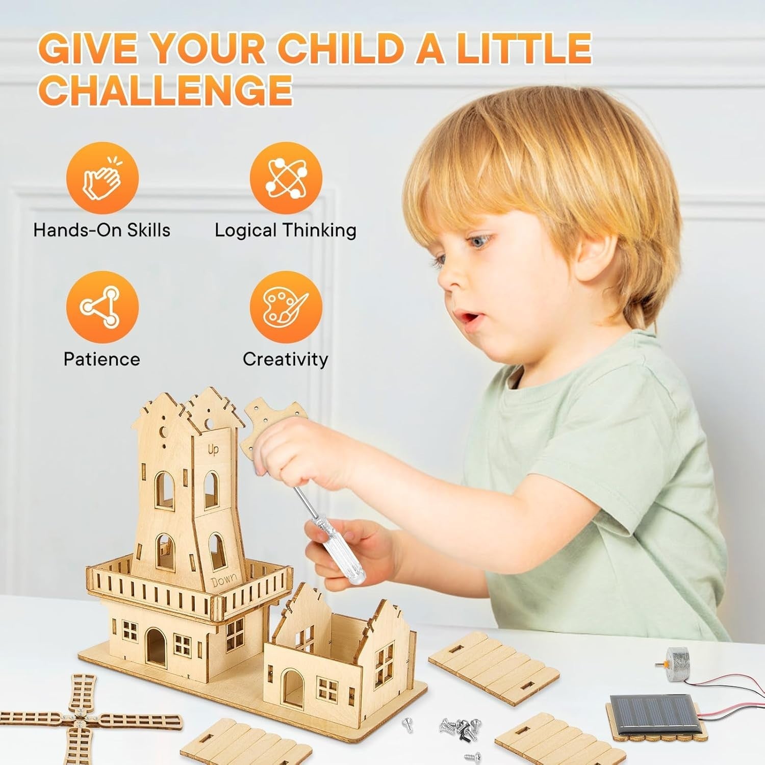 Solar Powered 3D Wooden Windmill Puzzle – STEM Educational Toy Kit