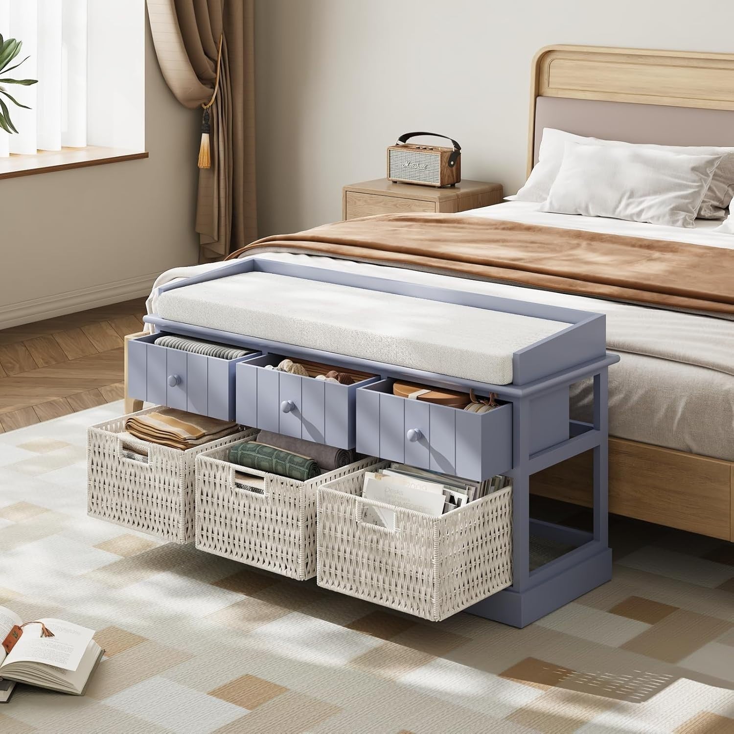 Blue-Grey Hallway Storage Bench with 3 Drawers & Wicker Baskets 100x30x50cm