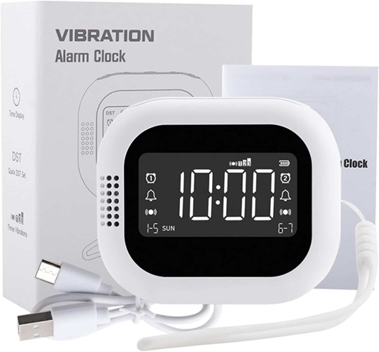 Rechargeable Vibrating Alarm Clock White LCD Display Heavy Sleepers