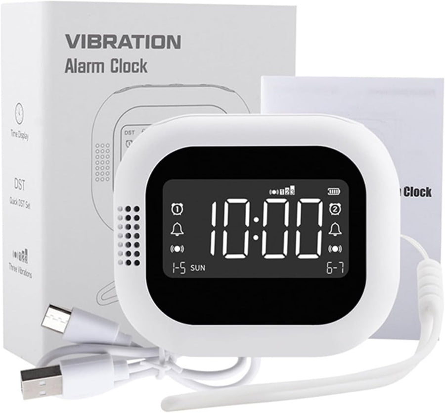 Rechargeable Vibrating Alarm Clock White LCD Display Heavy Sleepers