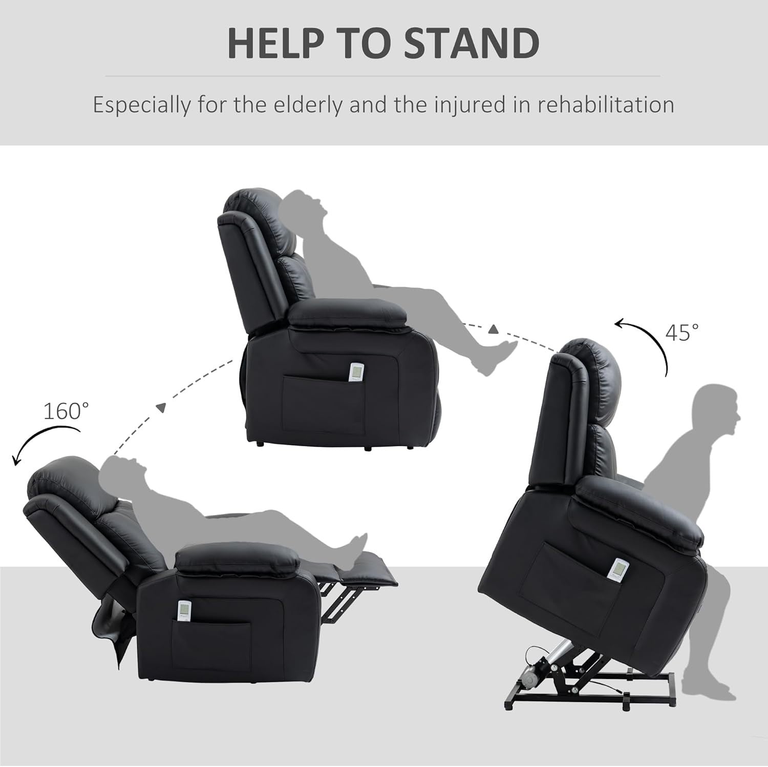 Power Lift Recliner Chair Massage Heat 160° Recline Footrest Side Pockets Black