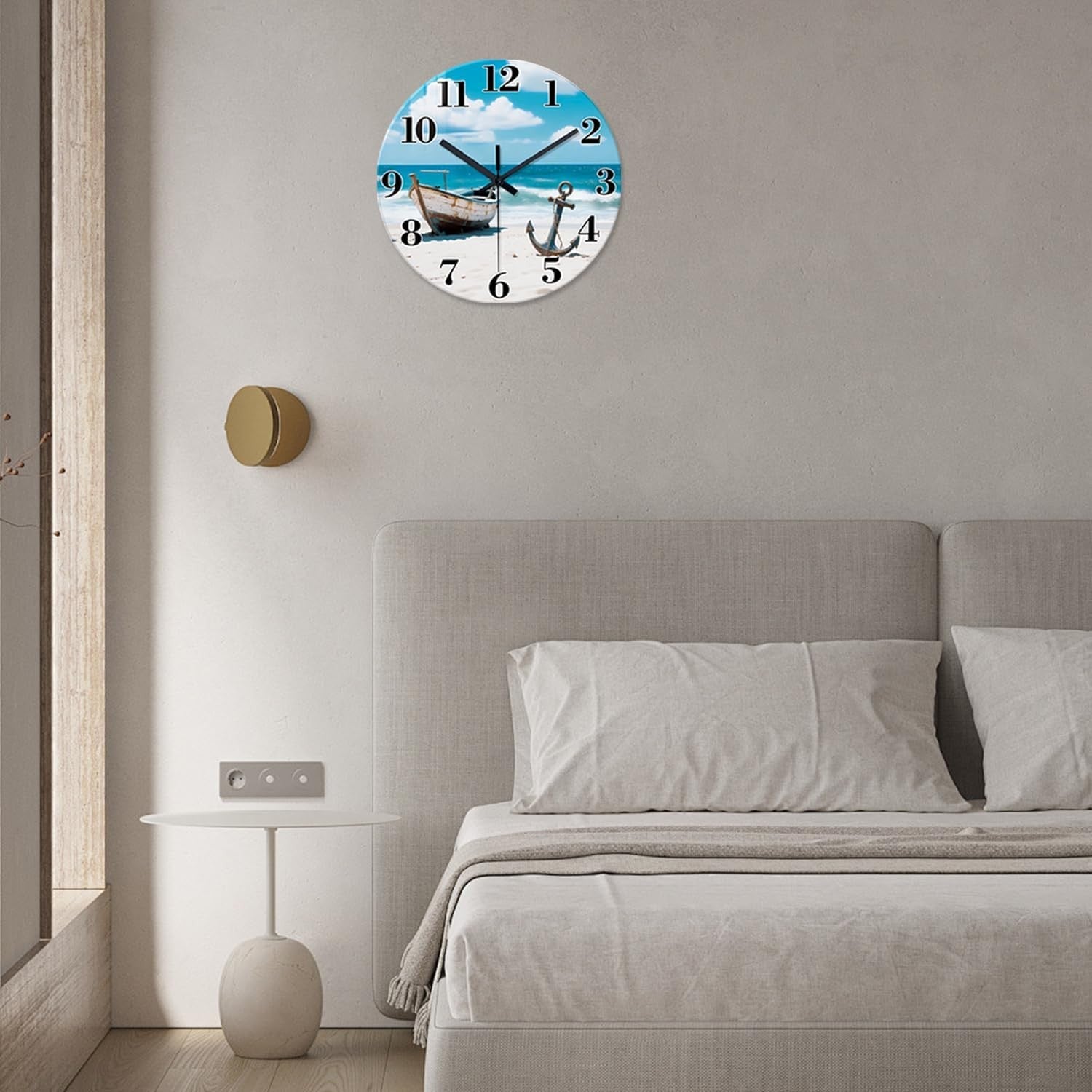 12" Coastal Beach Wall Clock Silent Non-Ticking Blue Ocean Boat Decor