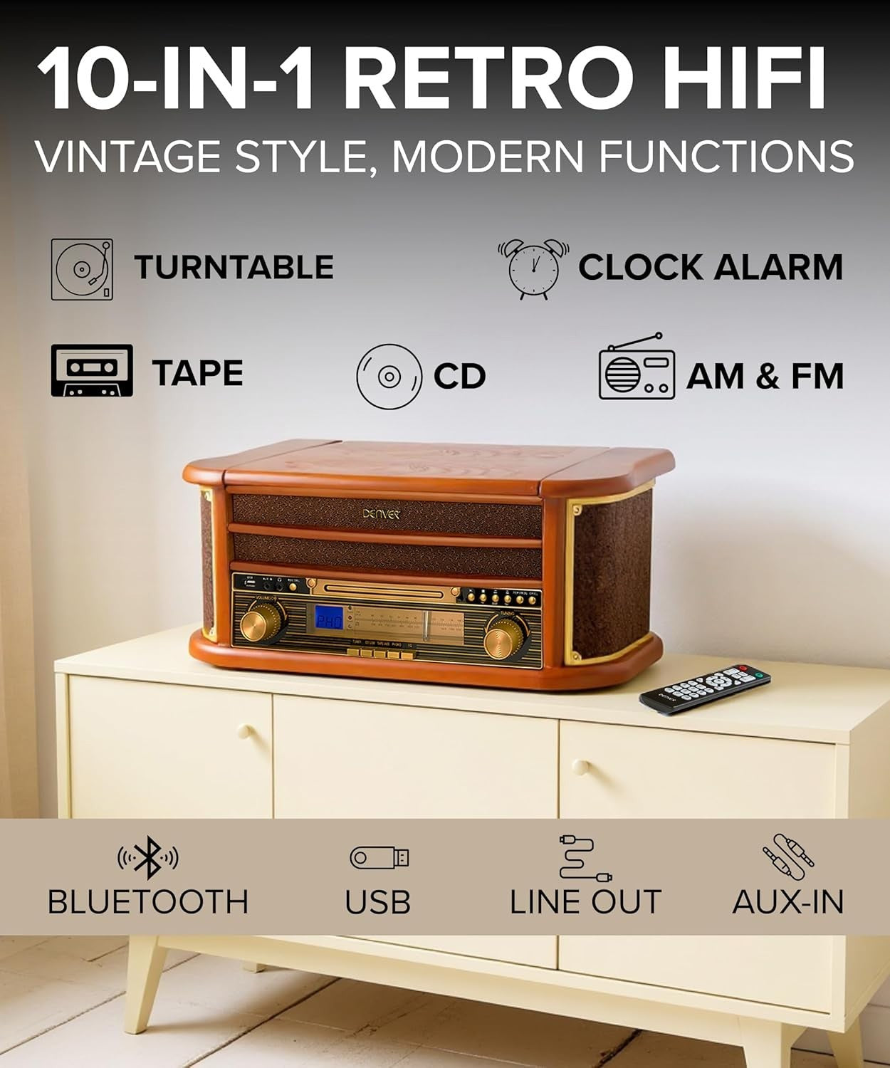 8-in-1 Retro Wooden Music System Vinyl CD Cassette Bluetooth USB MP3 Converter