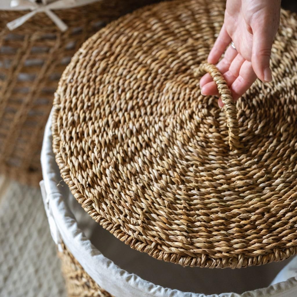 Extra Large Seagrass Laundry Basket with Lid & Cotton Liner – Handwoven Oval Sto