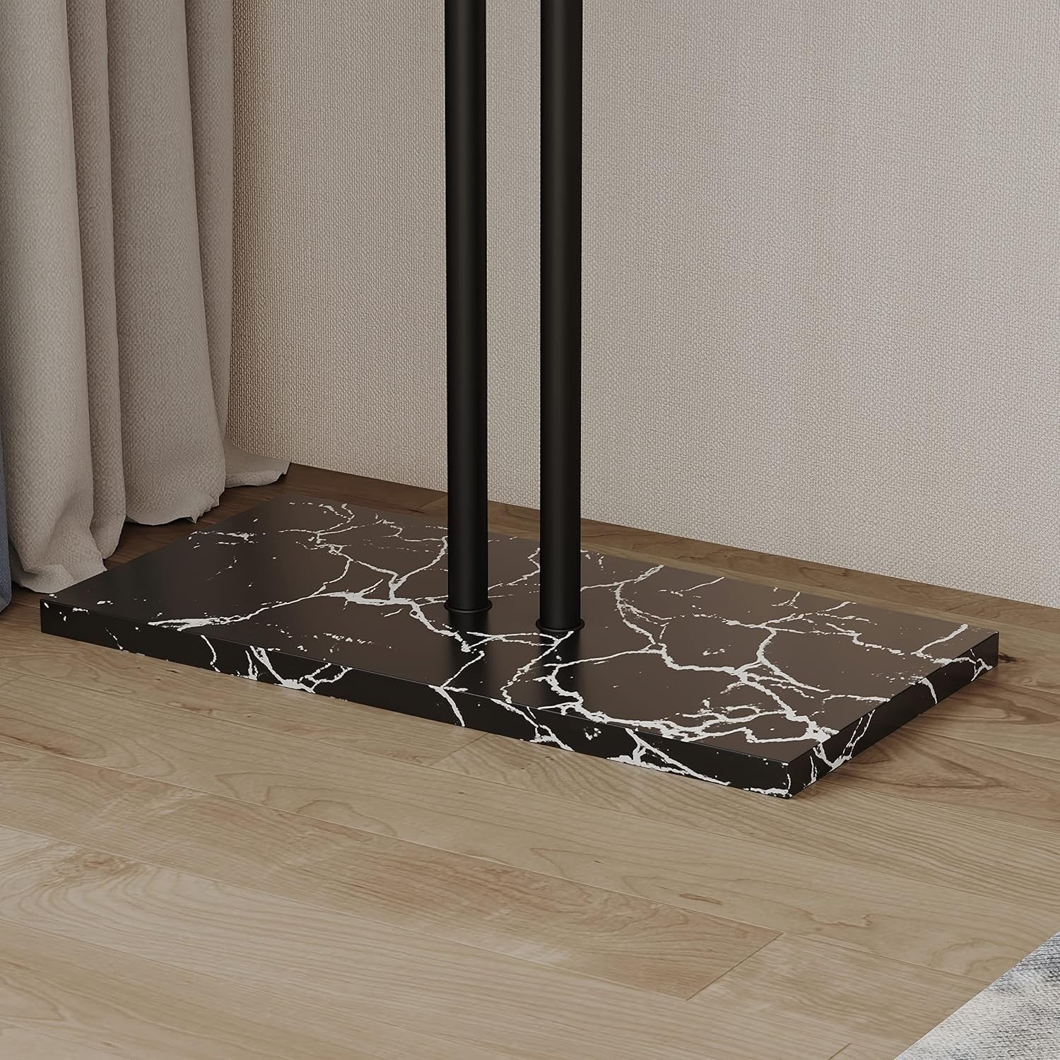 Double Pole Metal Coat Rack Freestanding with Marble Base 5 Hooks Black