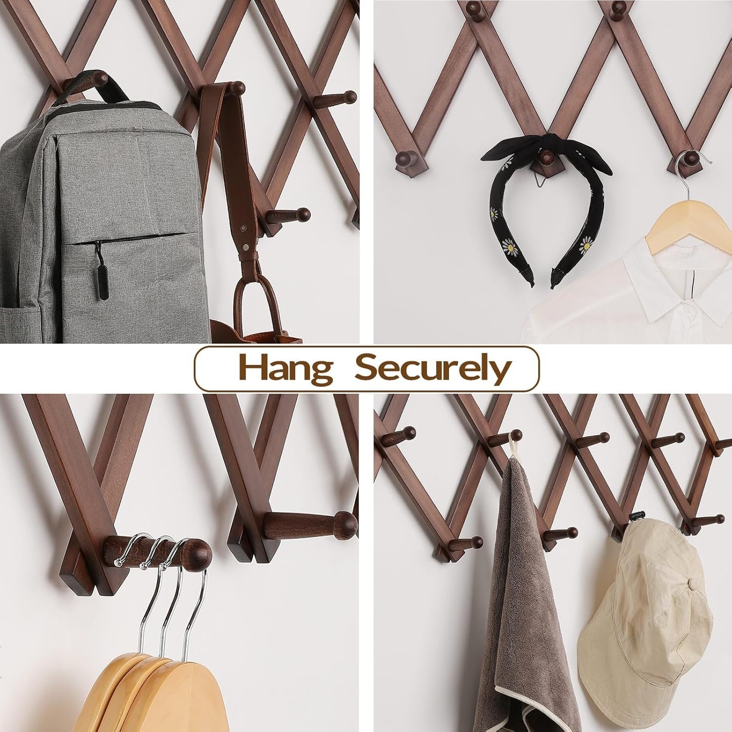 Expandable Wooden Wall Hat Rack 16 Hooks Rustic Foldable Coat Hanger Stand