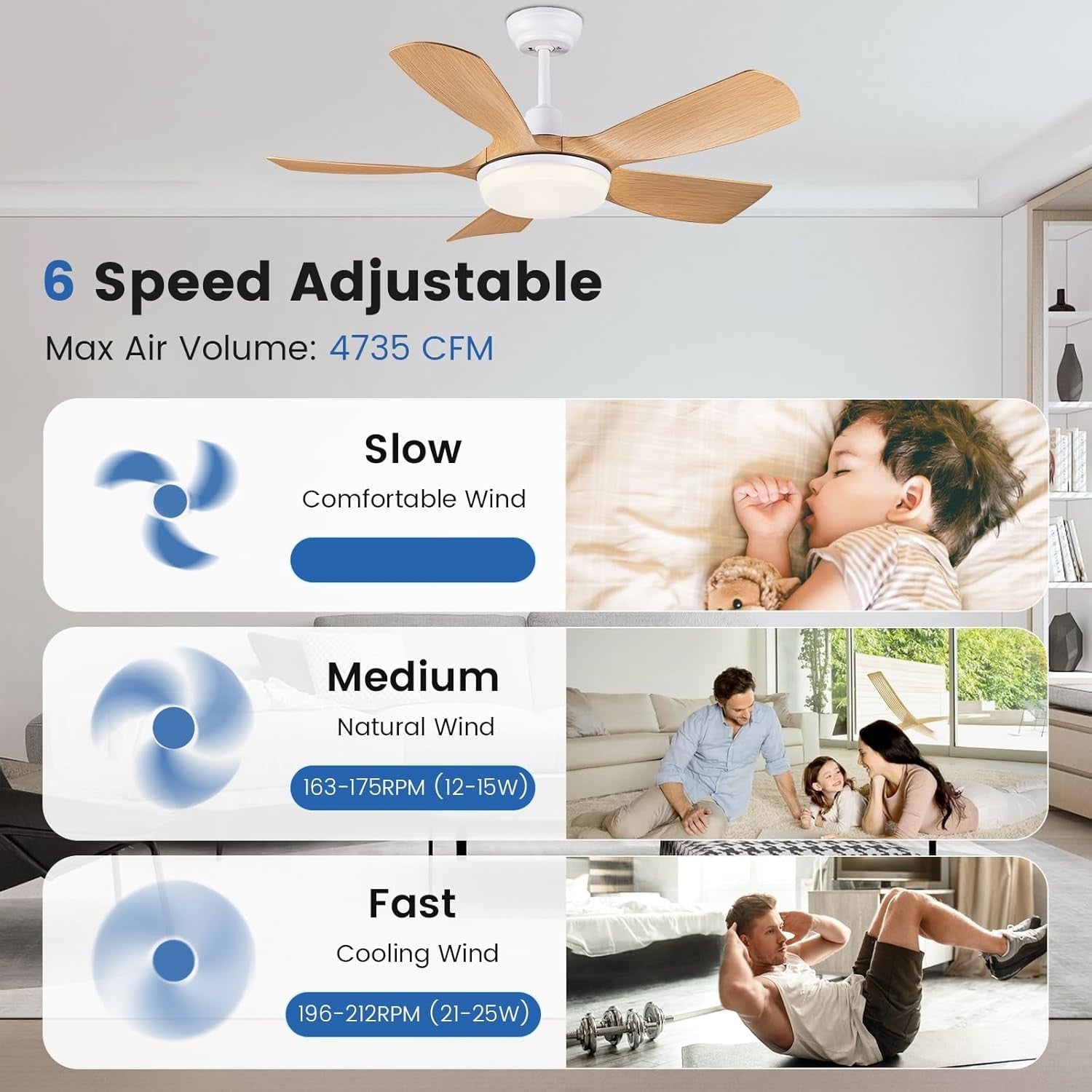 106CM Wooden Ceiling Fan with Light, Remote, 5-Blade Modern Design