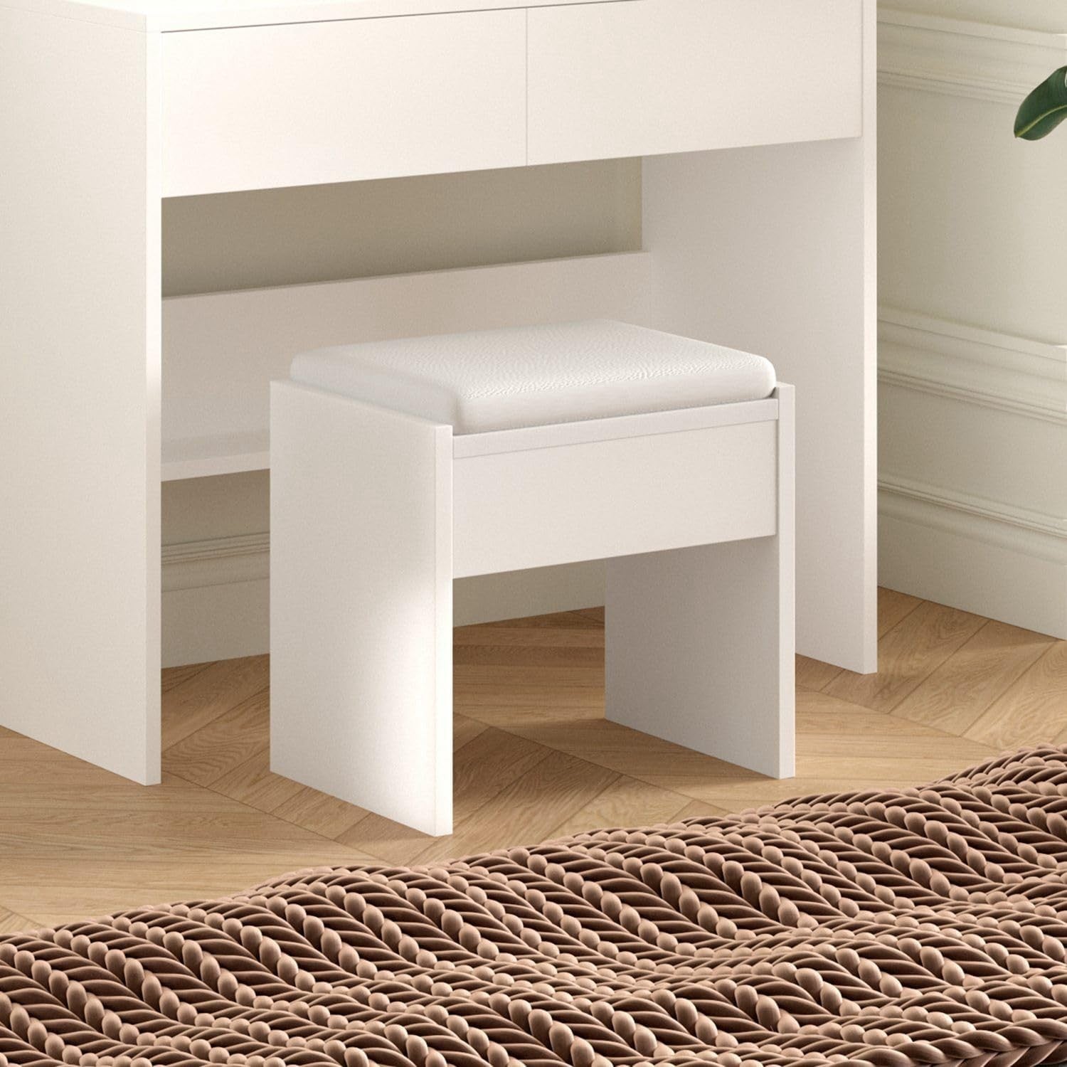 Modern White Dressing Table Vanity Set LED Mirror Adjustable Shelves Wood