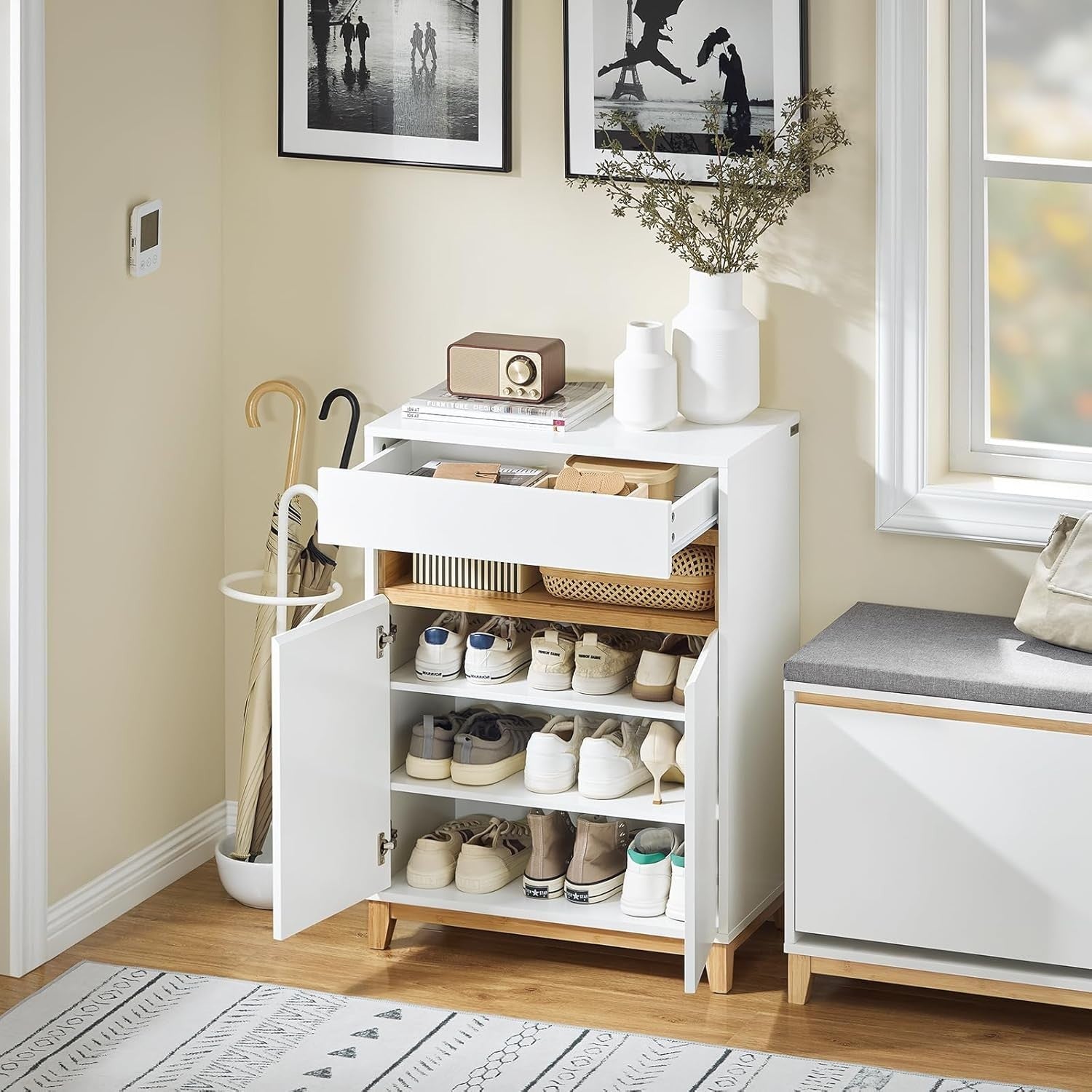 White Sideboard Cabinet with Drawer & Adjustable Shelves Bamboo Legs 60x34x85cm