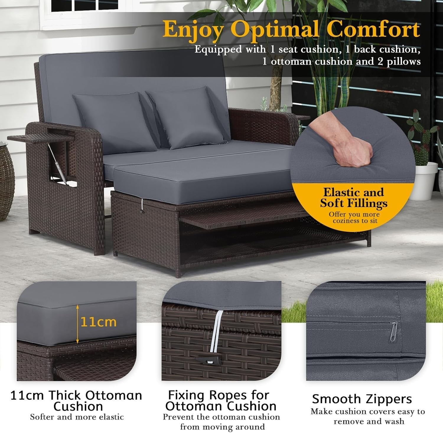 Grey+Brown 2-Seater Rattan Outdoor Daybed with Adjustable Back, Ottoman & Cushio