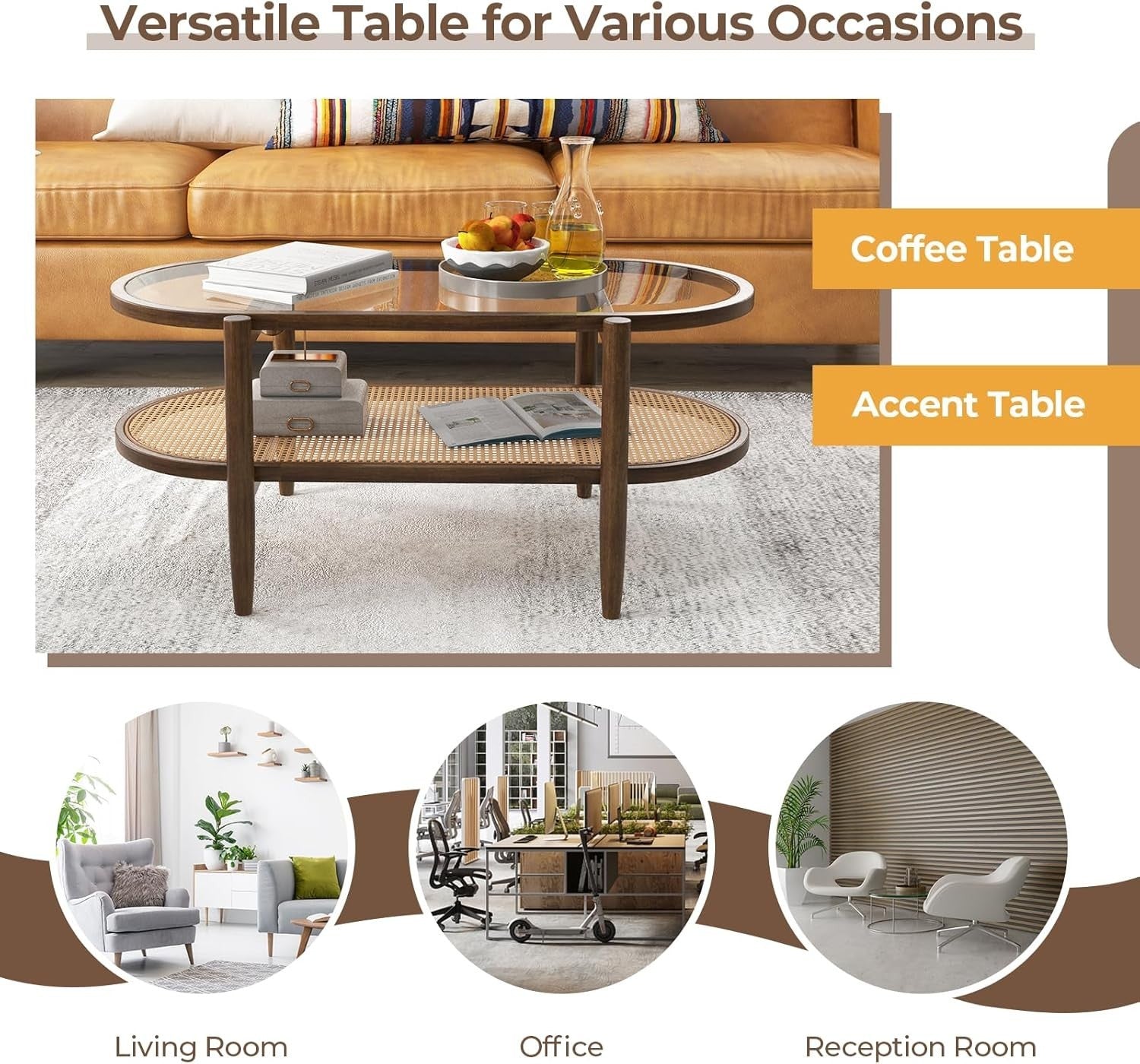 Glass Coffee Table with Rattan Shelf, 2-Tier Wood Frame, 102x56x46cm