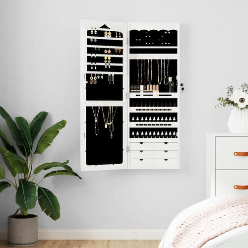 Tall Wall Mounted Jewelry Cabinet Mirror Lockable Slim Storage White