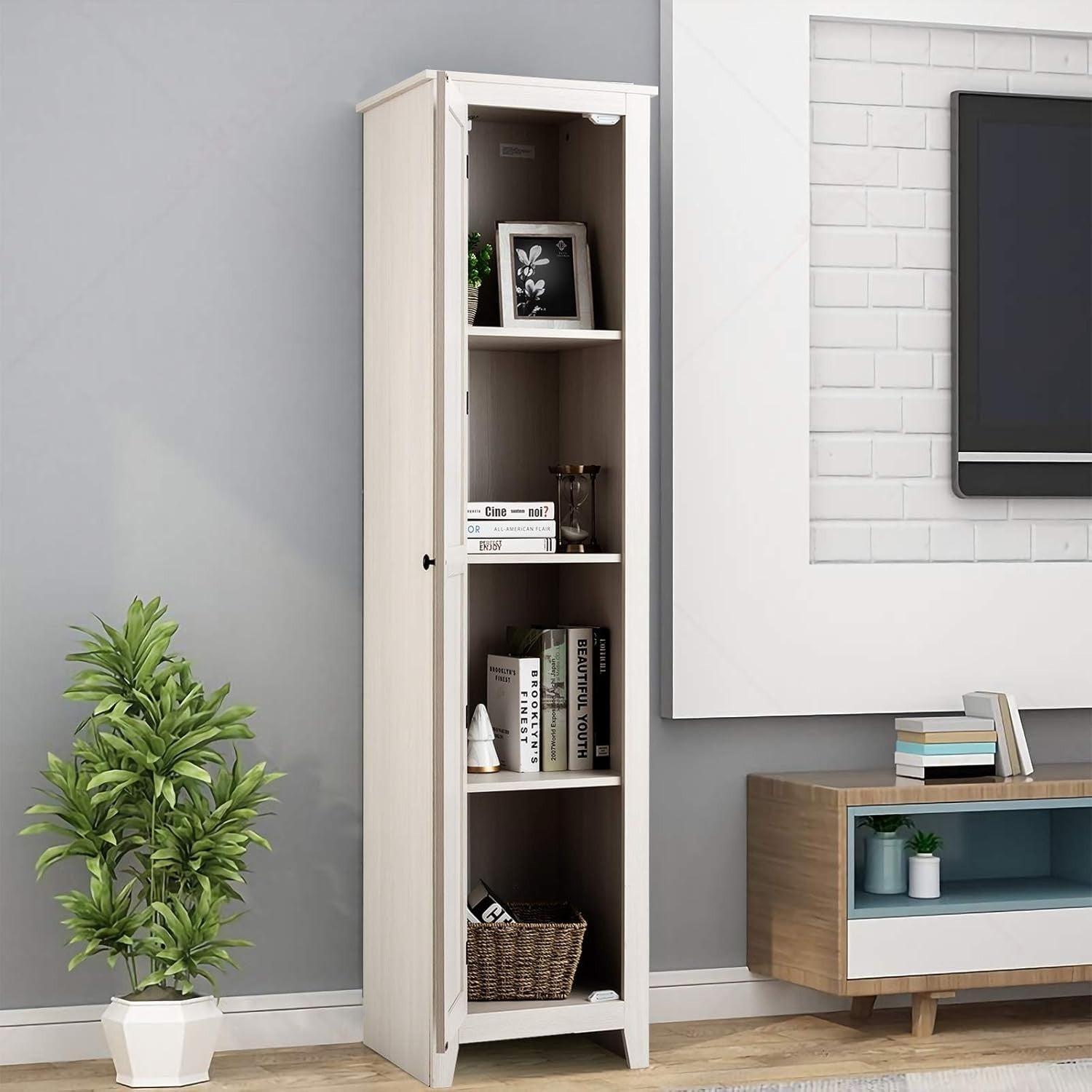 Tall Bathroom Storage Cabinet 4 Shelves, Narrow Wooden Cupboard 46x40x183cm