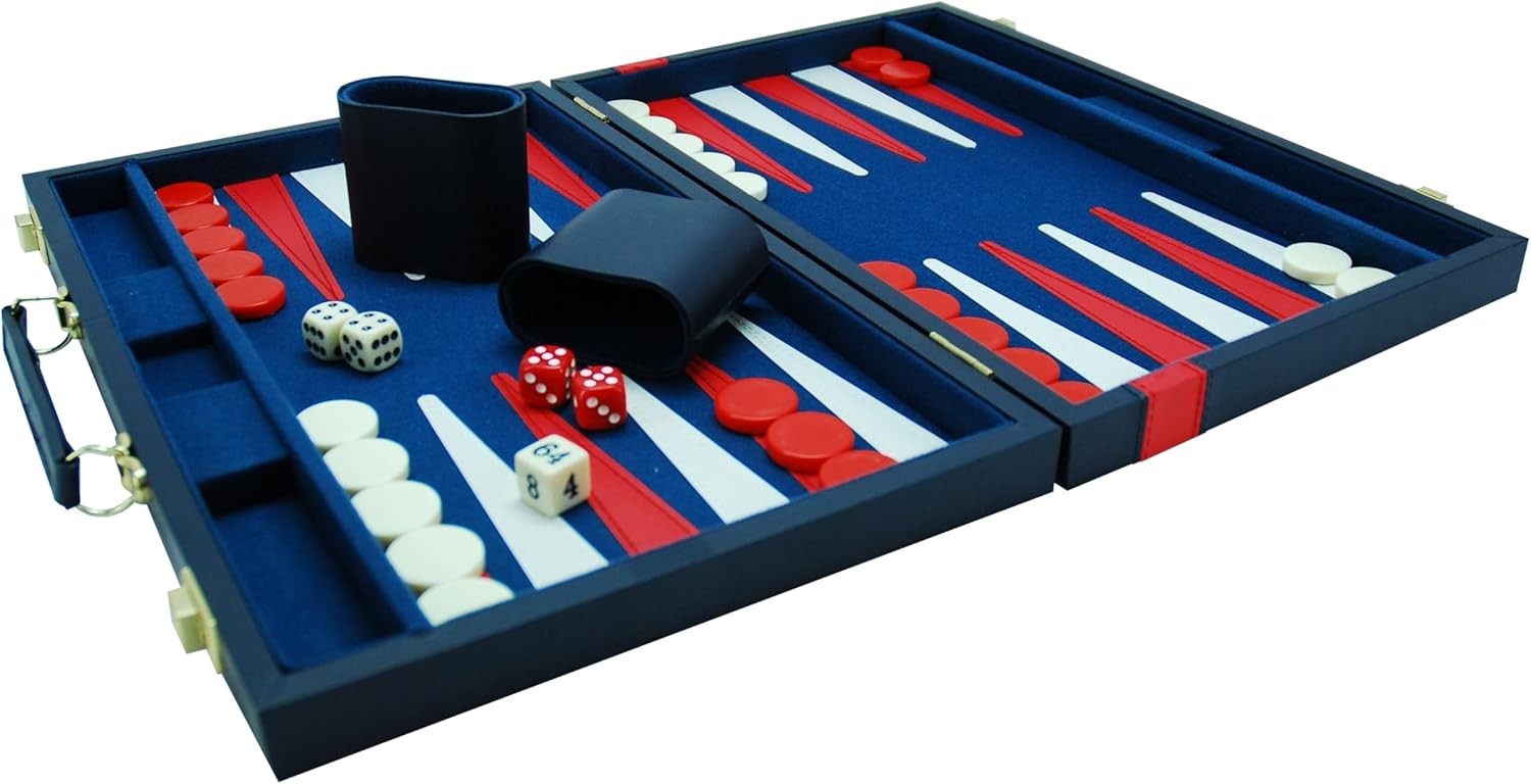 38cm Backgammon Set Blue Red Trim Folding Case Travel Board Game