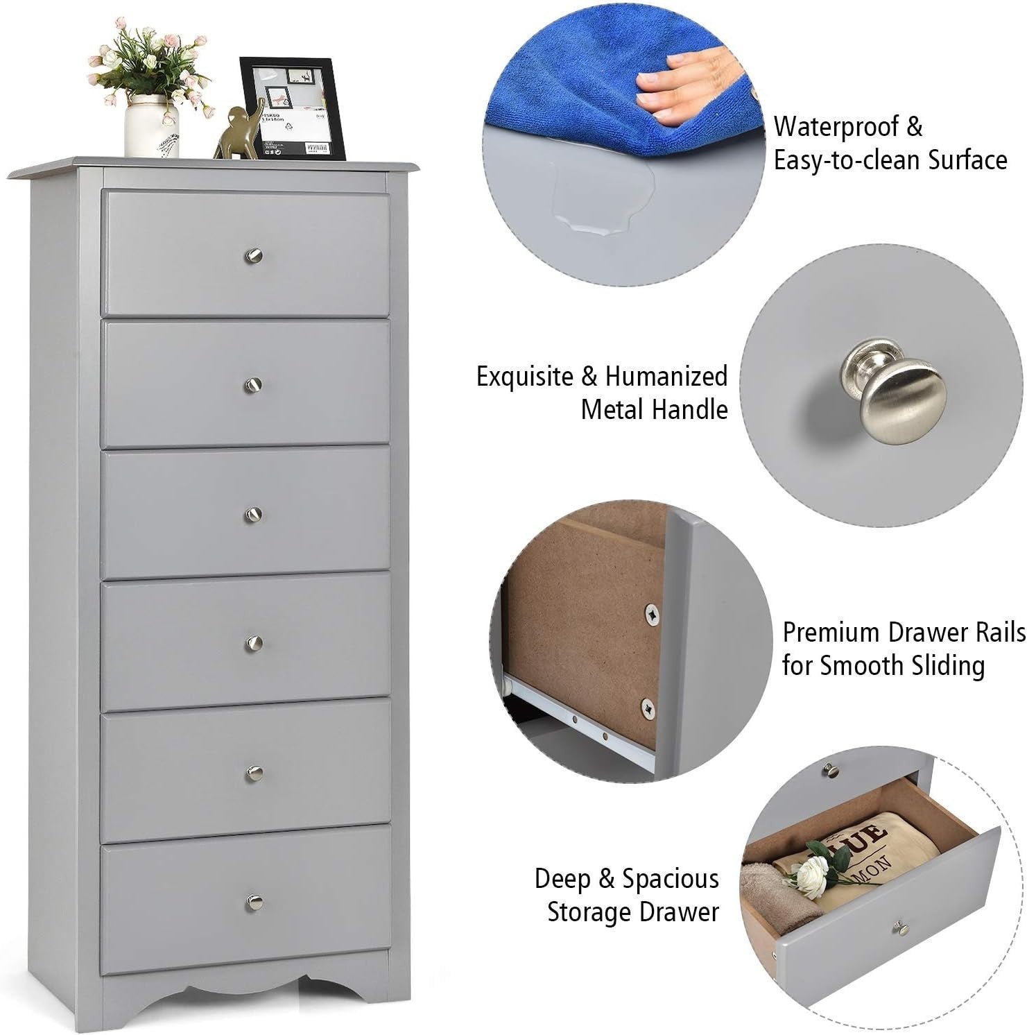 6-Drawer Tall Narrow Dresser Cabinet for Bedroom Storage Organizer Grey
