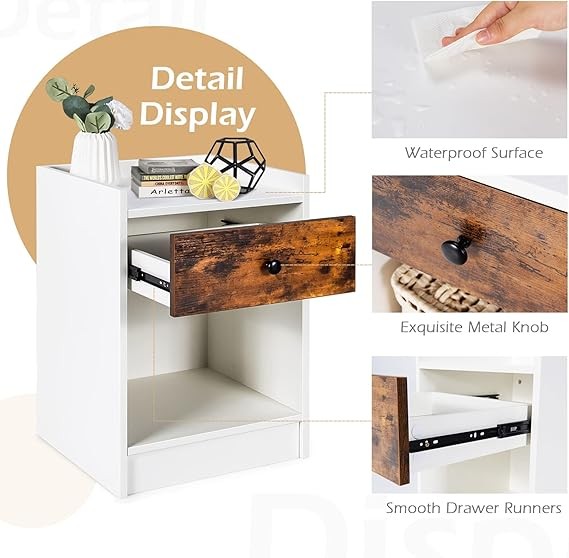 Modern White Bedside Tables Set of 2 with Drawer & Open Shelf 43x40x60cm