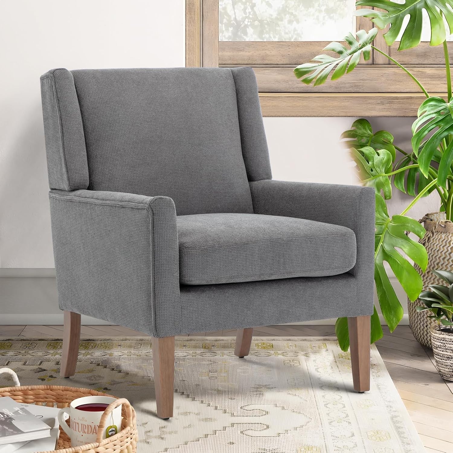 Grey Wingback Accent Armchair Upholstered Lounge Wood Legs