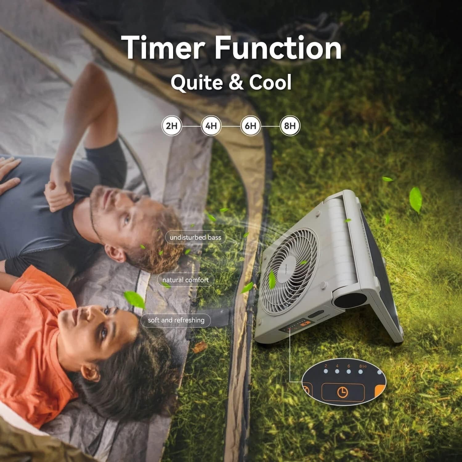 Portable Solar Electric Fan – USB 10000mAh Battery - 4 Speeds, 4 Timers, Gray