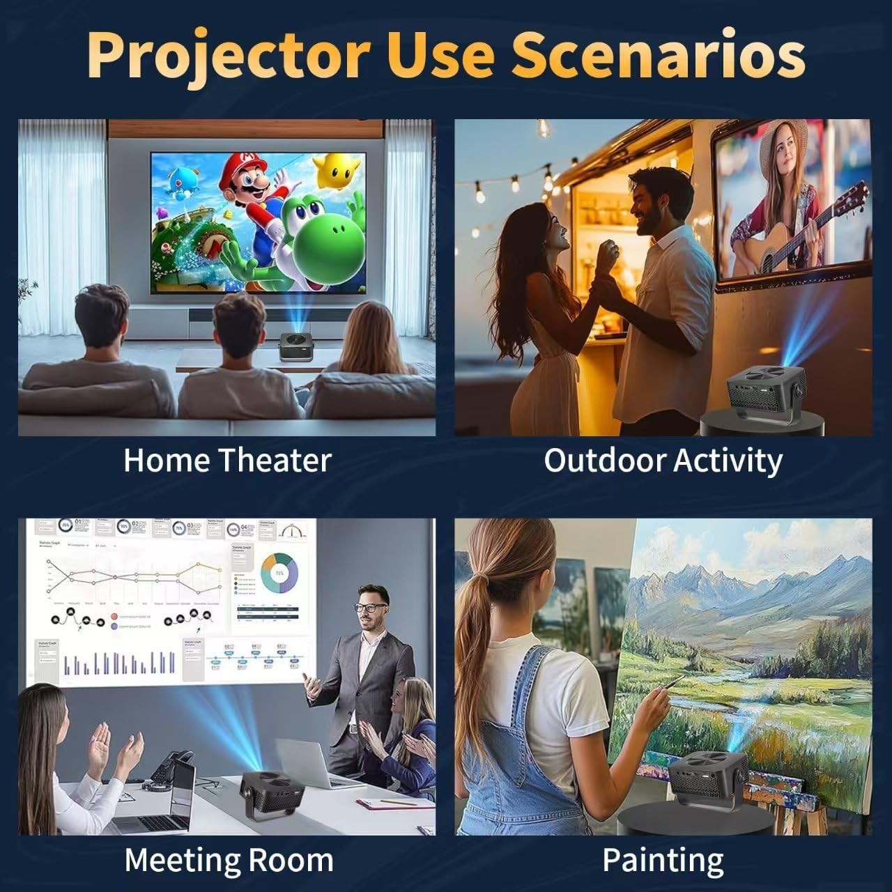 4K Mini Projector 1080P WiFi Portable 180° Home Outdoor Movie