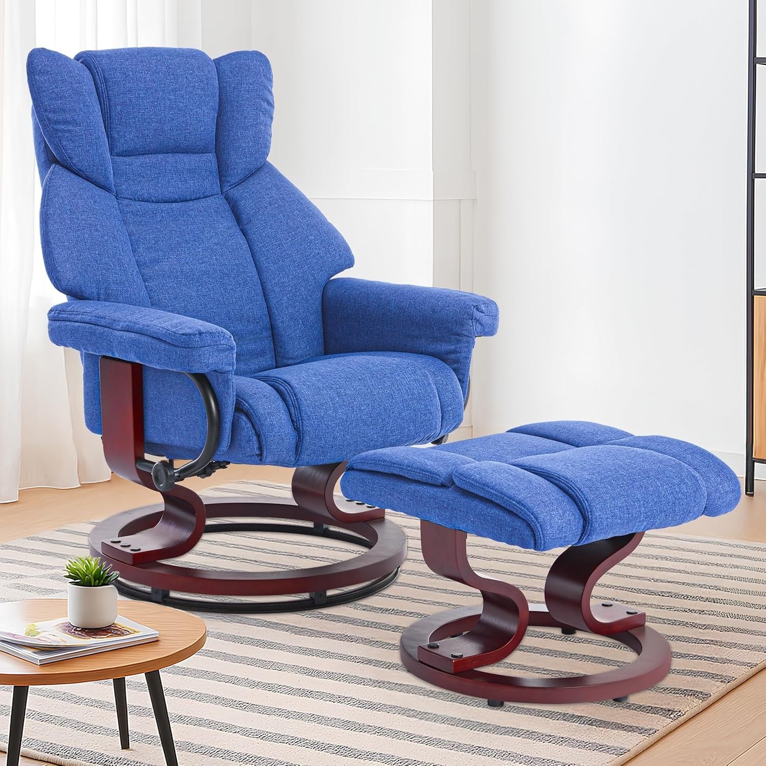 Swivel Recliner Armchair with Footstool Linen High Back Tilt Lounge