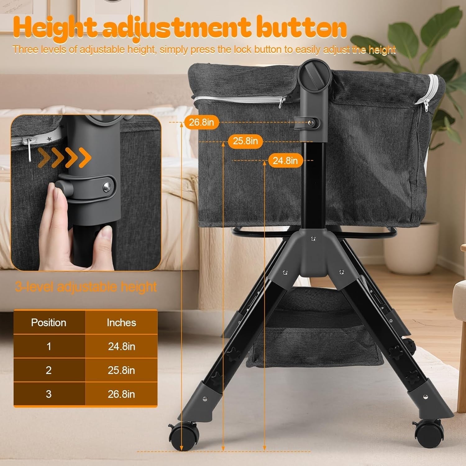 3in1 Baby Crib Bassinet Adjustable Travel Cot with Mattress & Storage Black