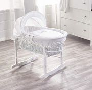 Embroided  Wicker Moses Basket with Bedding, Mattress & Rocking Stand Owl White