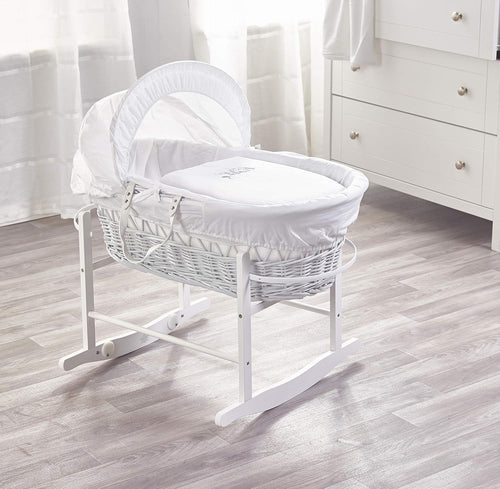 Embroided  Wicker Moses Basket with Bedding, Mattress & Rocking Stand Owl White