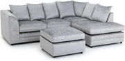 L Shaped 4 Seater Silver Crush Velvet Sofa with Footstool - Modern Corner