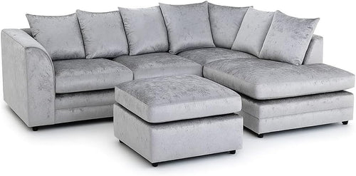 L Shaped 4 Seater Silver Crush Velvet Sofa with Footstool - Modern Corner