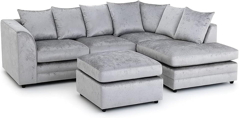 L Shaped 4 Seater Silver Crush Velvet Sofa with Footstool - Modern Corner