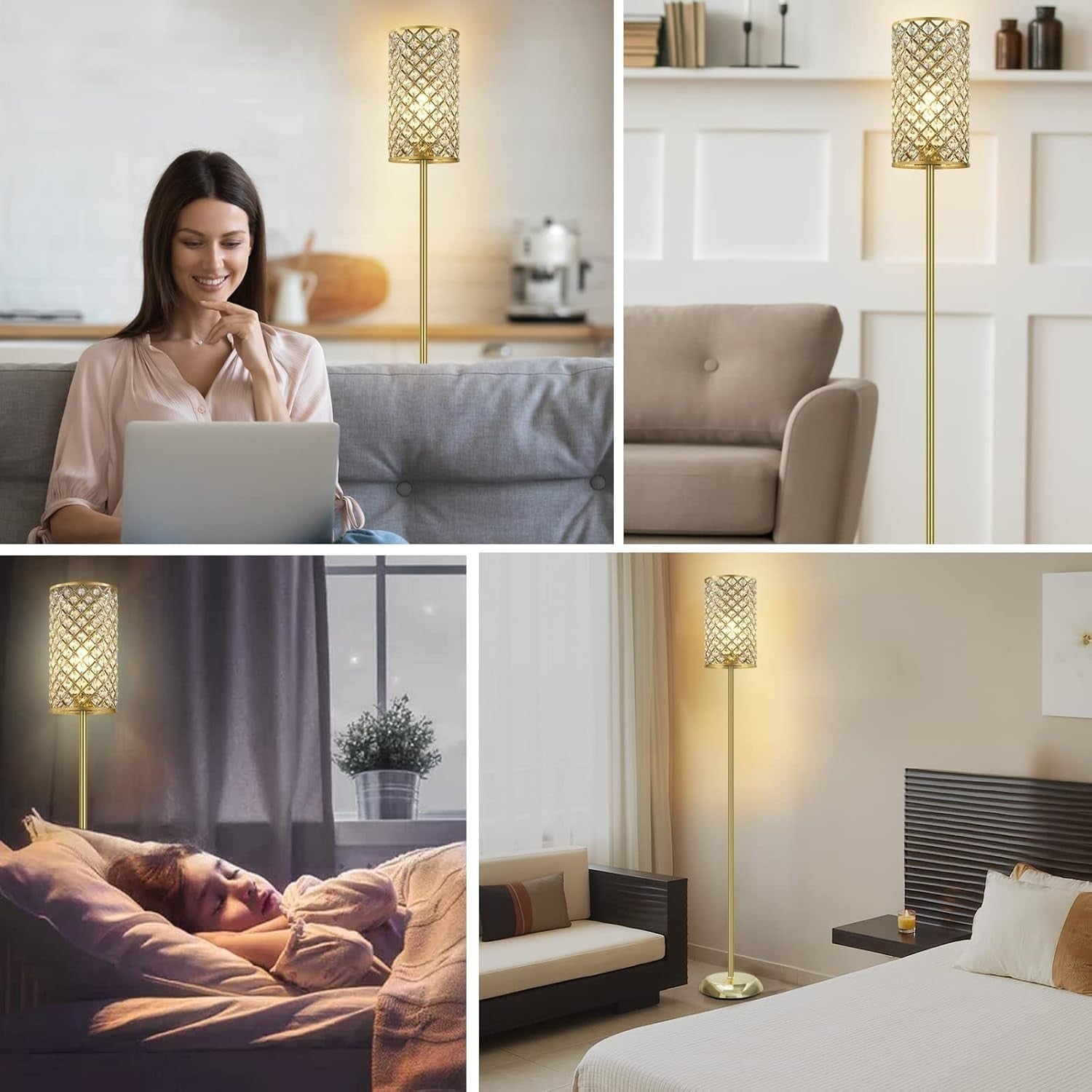 Gold Crystal Floor Lamp Modern Standing Light Foot Switch Tall Slim Design