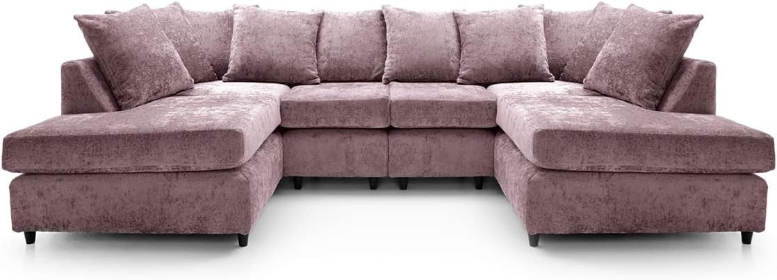 U-Shaped Sofa Pink Chenille w/ Cushions + Footstool | 280x164x90cm Modern