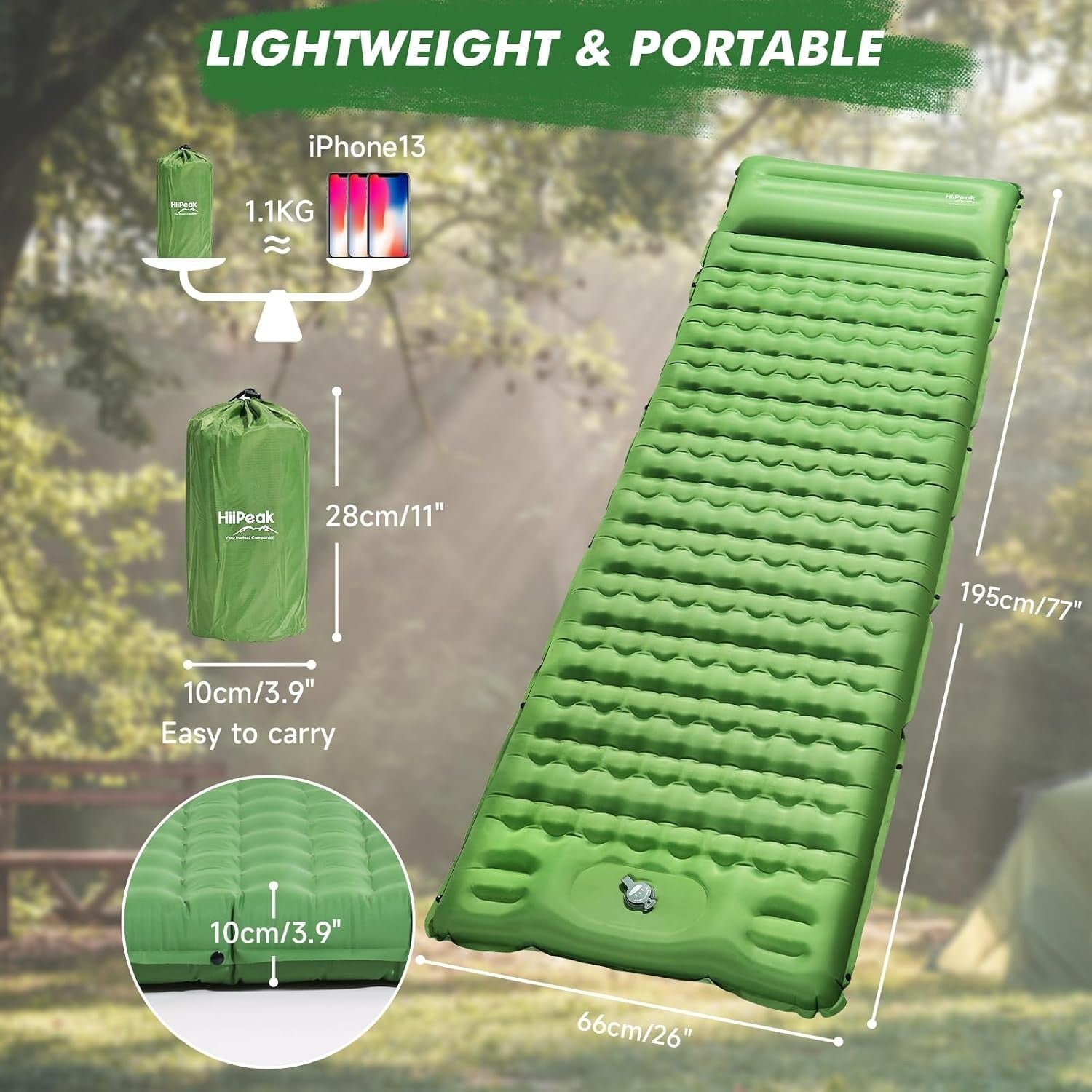 Ultralight Inflatable Camping Sleeping Pad with Built-In Foot Pump & Pillow.