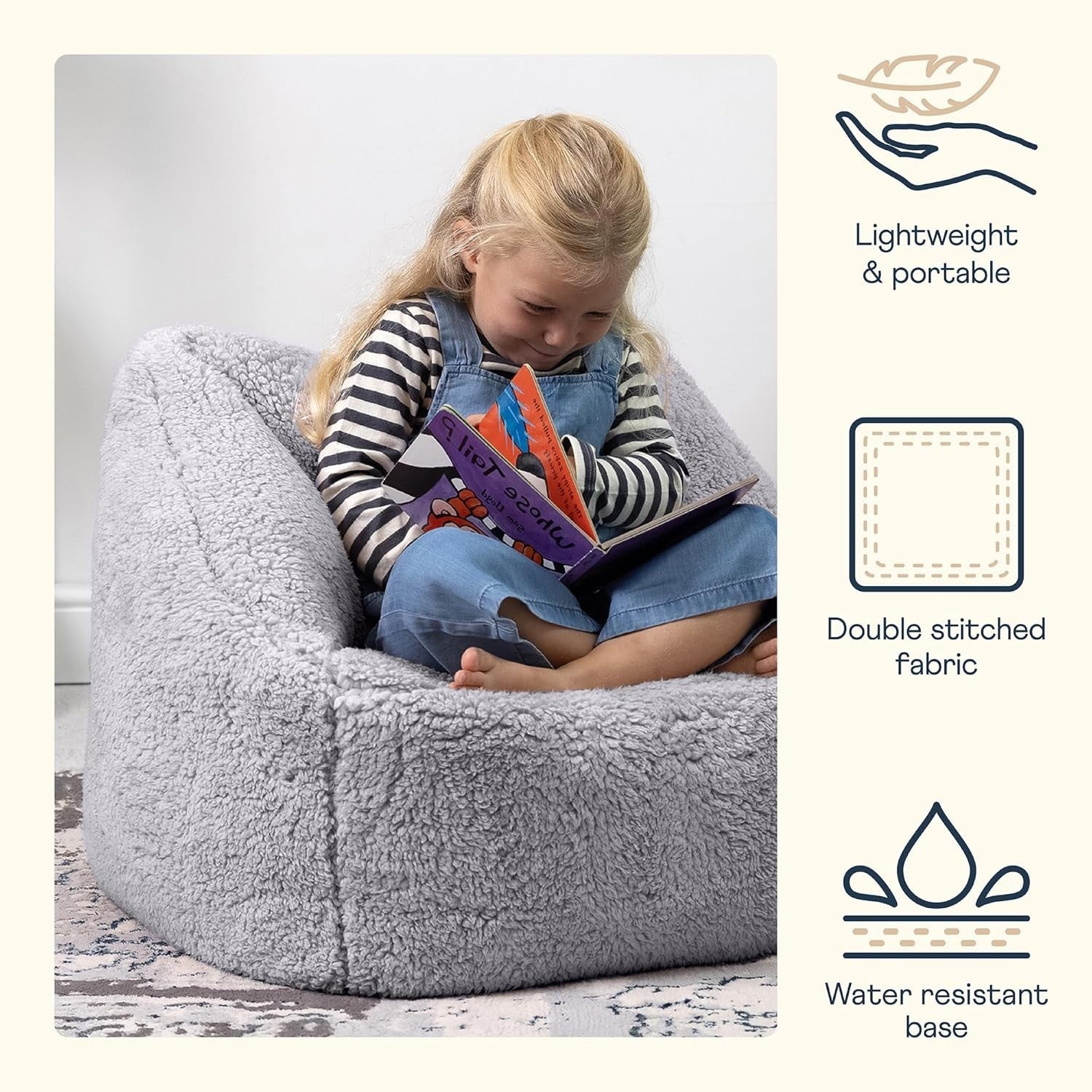 Grey Teddy Fleece Kids Bean Bag Chair – Soft Supportive Bedroom Seat