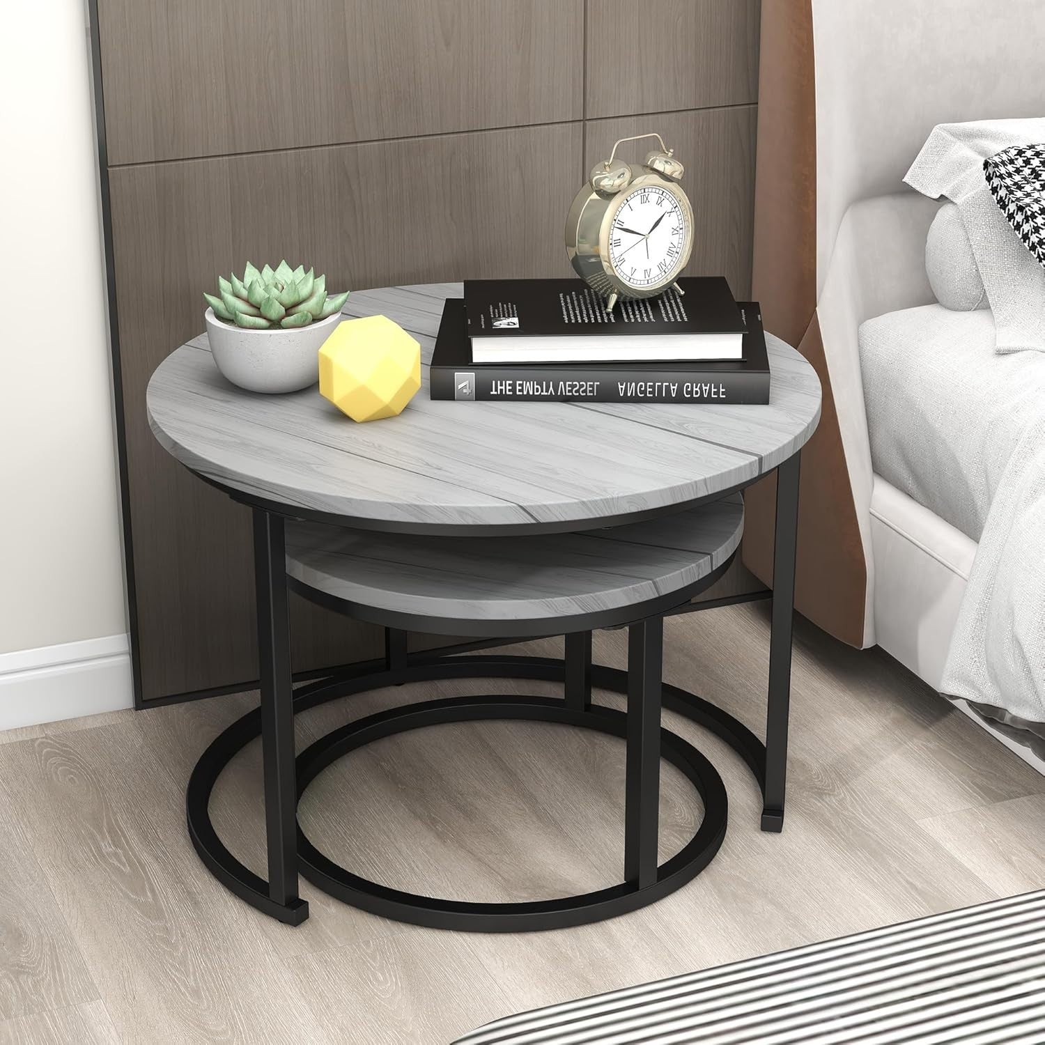 Round Nesting Coffee Table Set Grey Engineered Wood Steel Frame Space Saver
