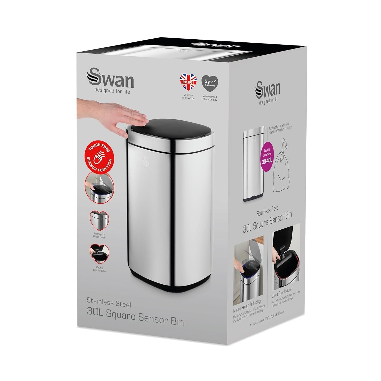 30L Sensor Kitchen Bin Stainless Steel Hands Free Ozone Control