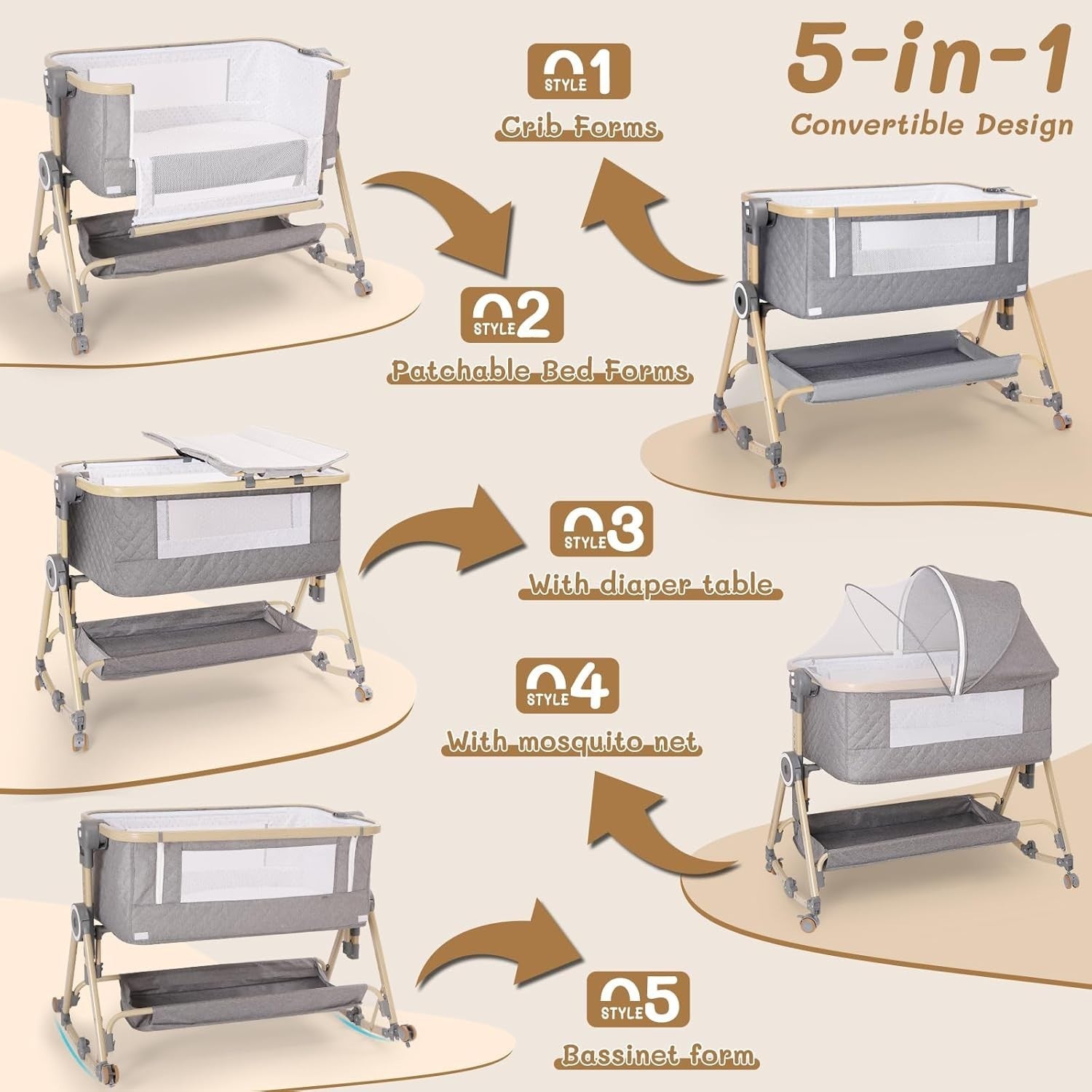 5in1 Baby Bedside Crib Adjustable Height Travel Cot with Mattress & Storage Grey