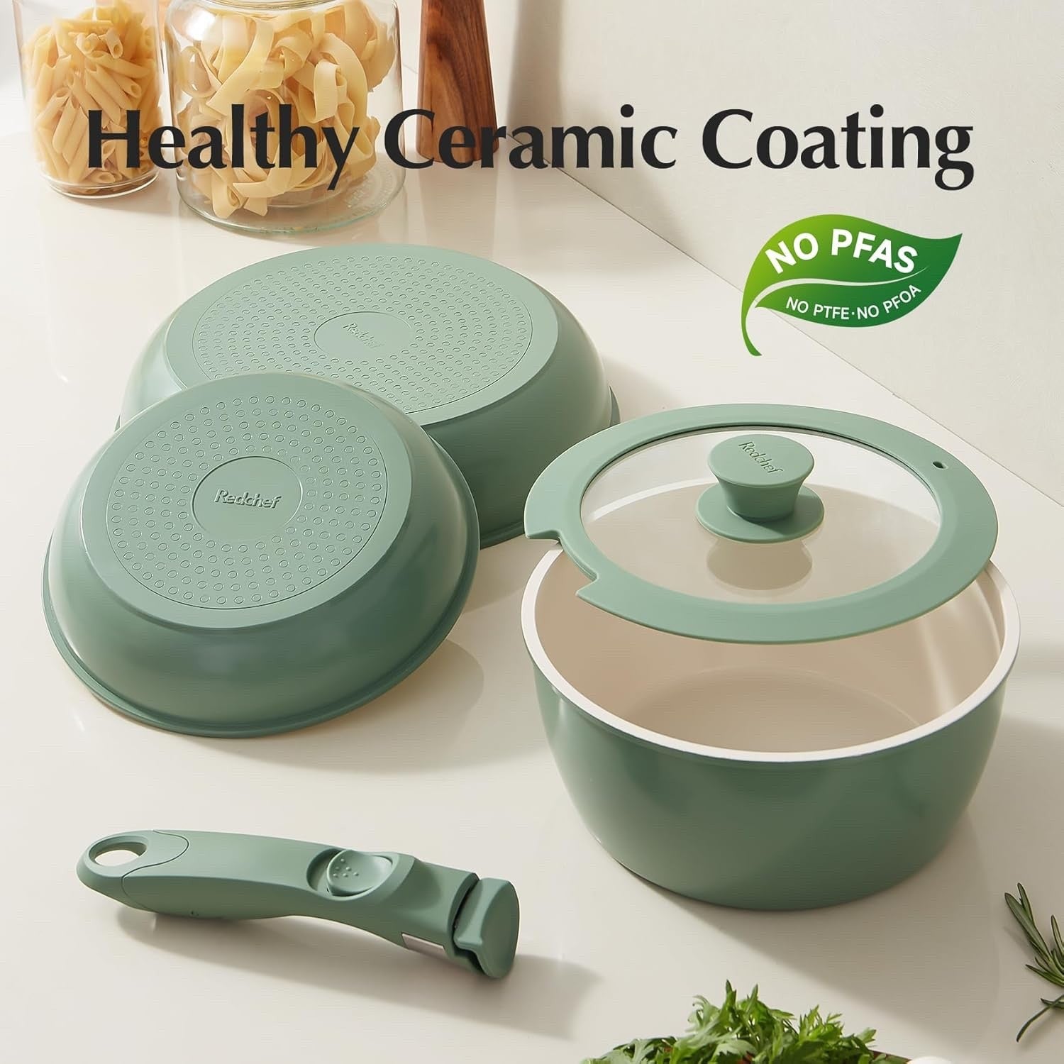 5pcs Green Non Stick Ceramic Cookware Set with Detachable Handle Induction Safe