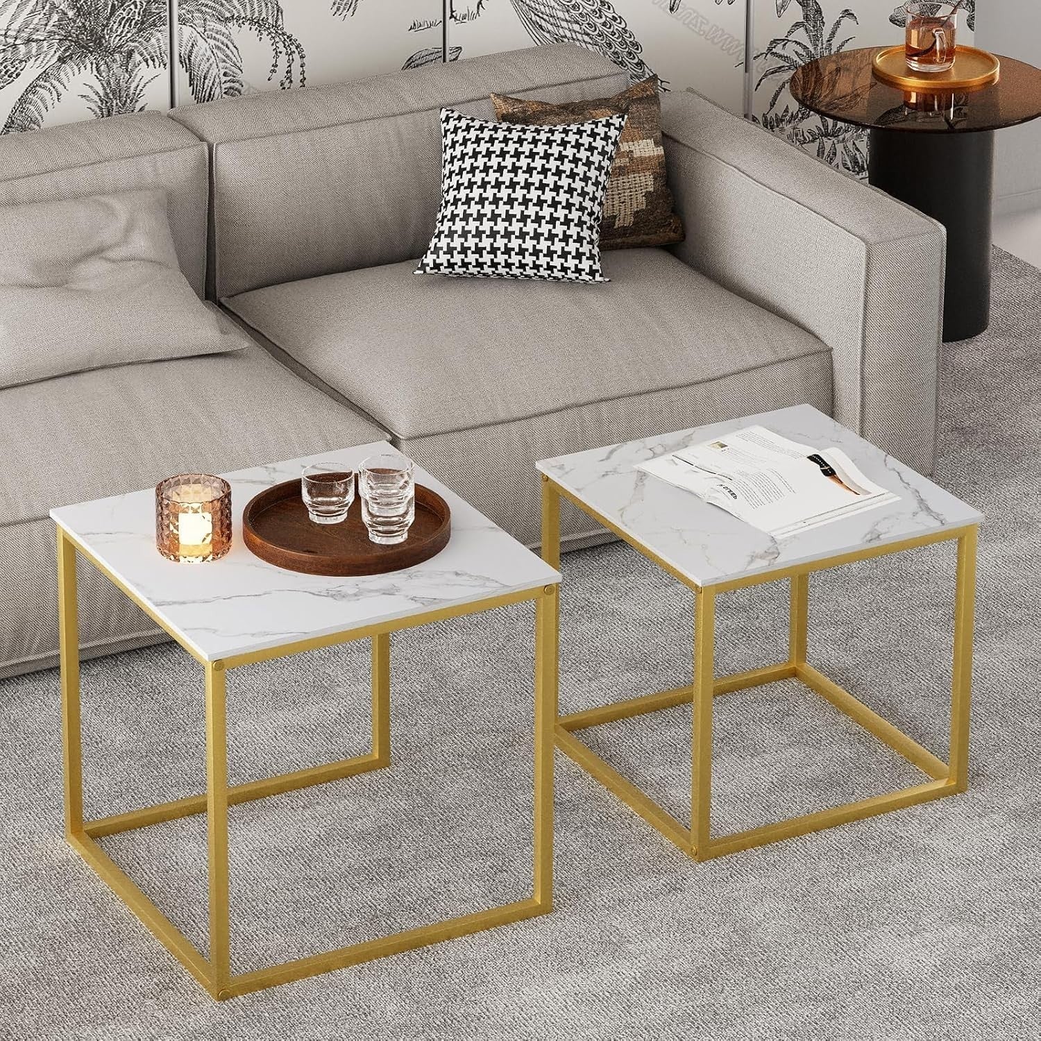 Nesting Side Coffee Tables Set 2 Square Wood Metal Frame Living Room Bedroom