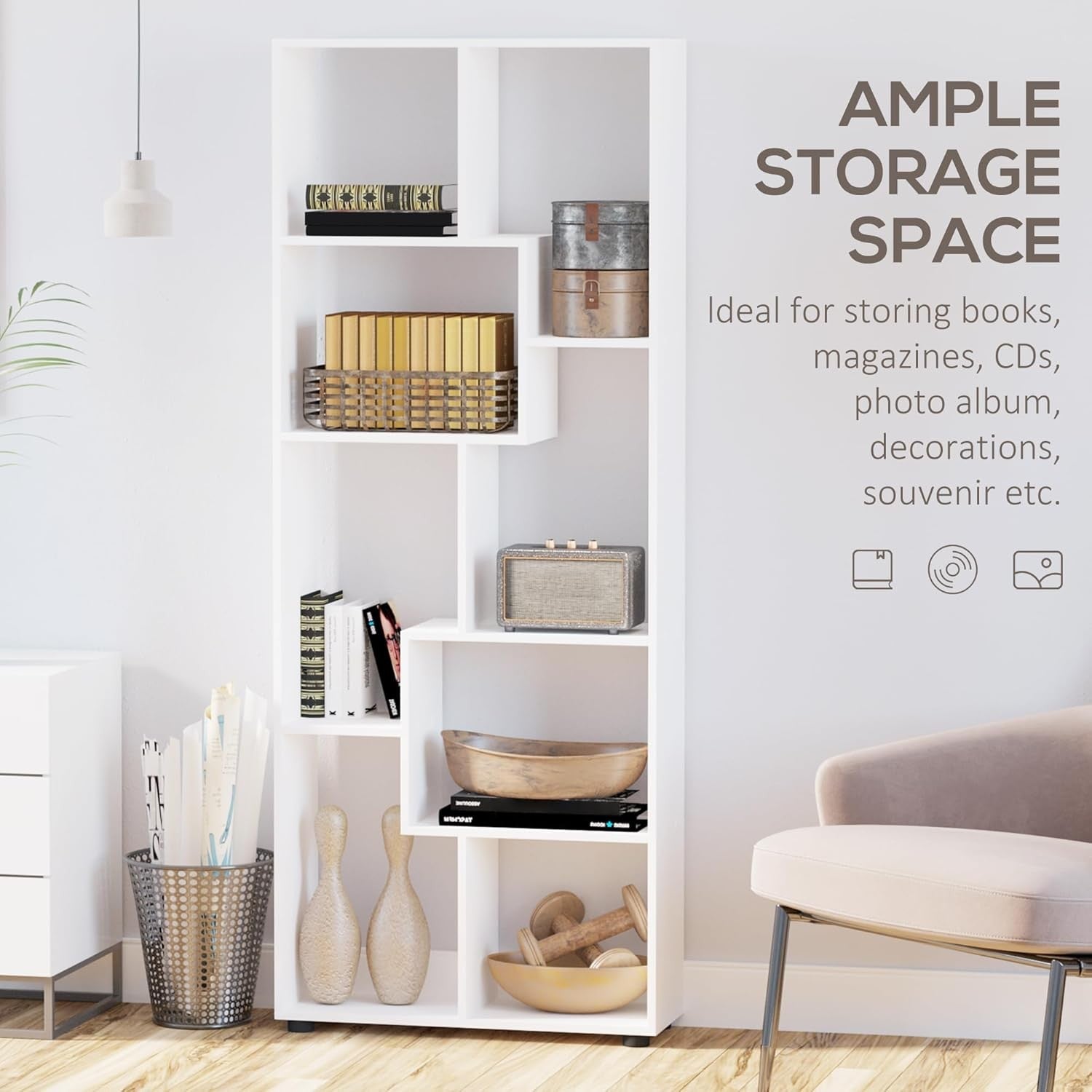 Modern 8-Cube Tall Bookcase Room Divider – Freestanding Storage Shelf White 178c