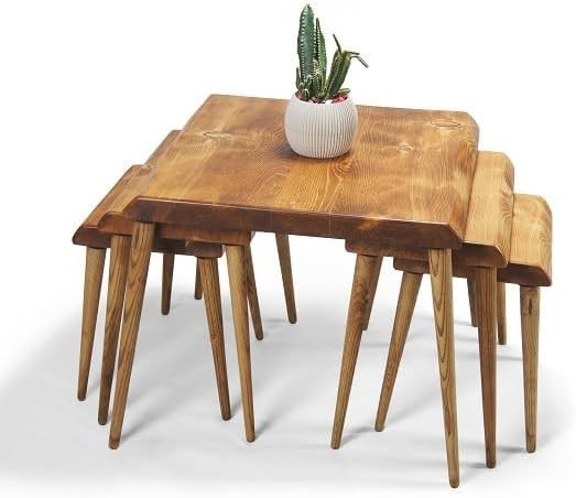 Teak Wood Nesting Side Table Set Mid-Century Modern Coffee End Plant Stand