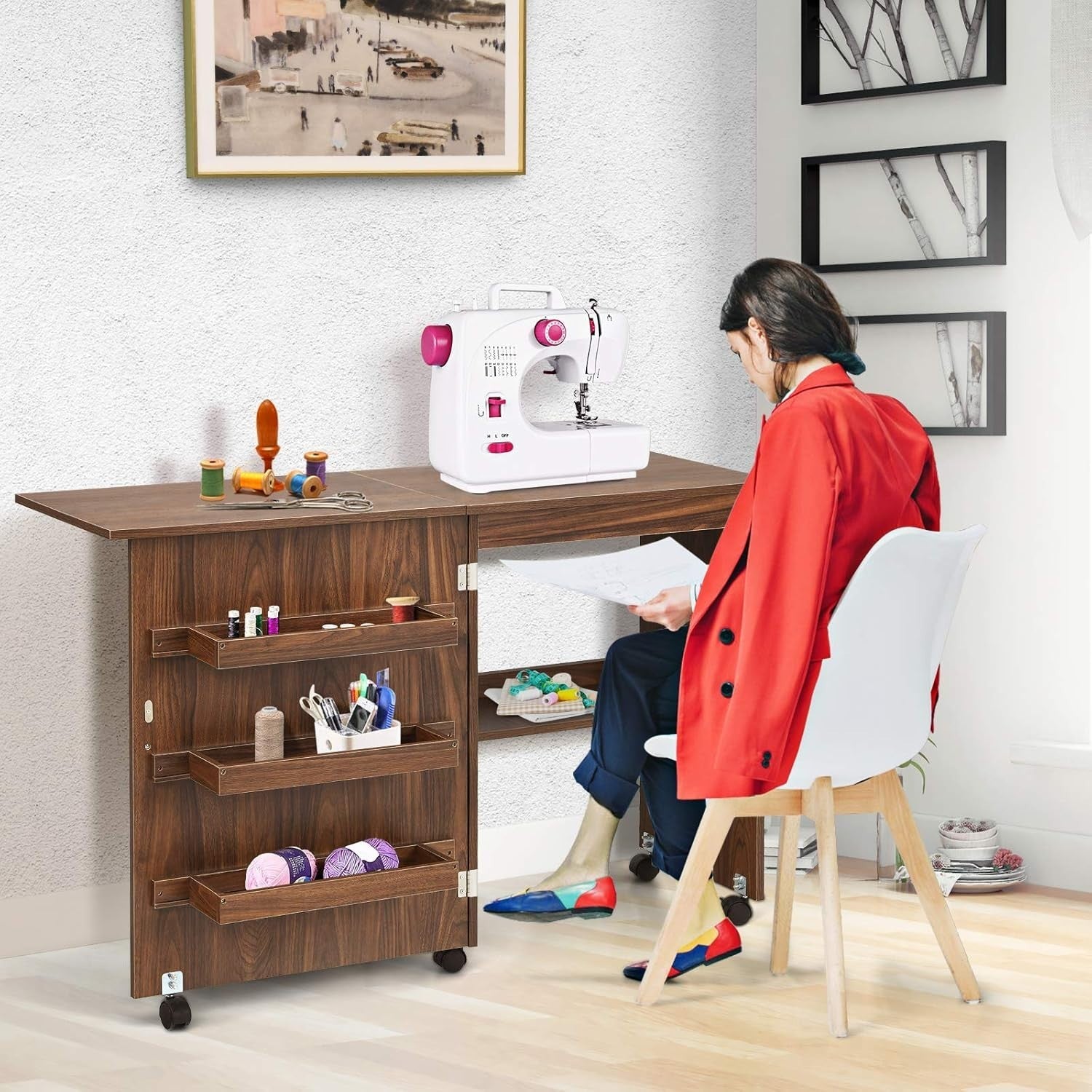 Folding Sewing Table 117cm Mobile Craft Desk with Shelves & Wheels Brown