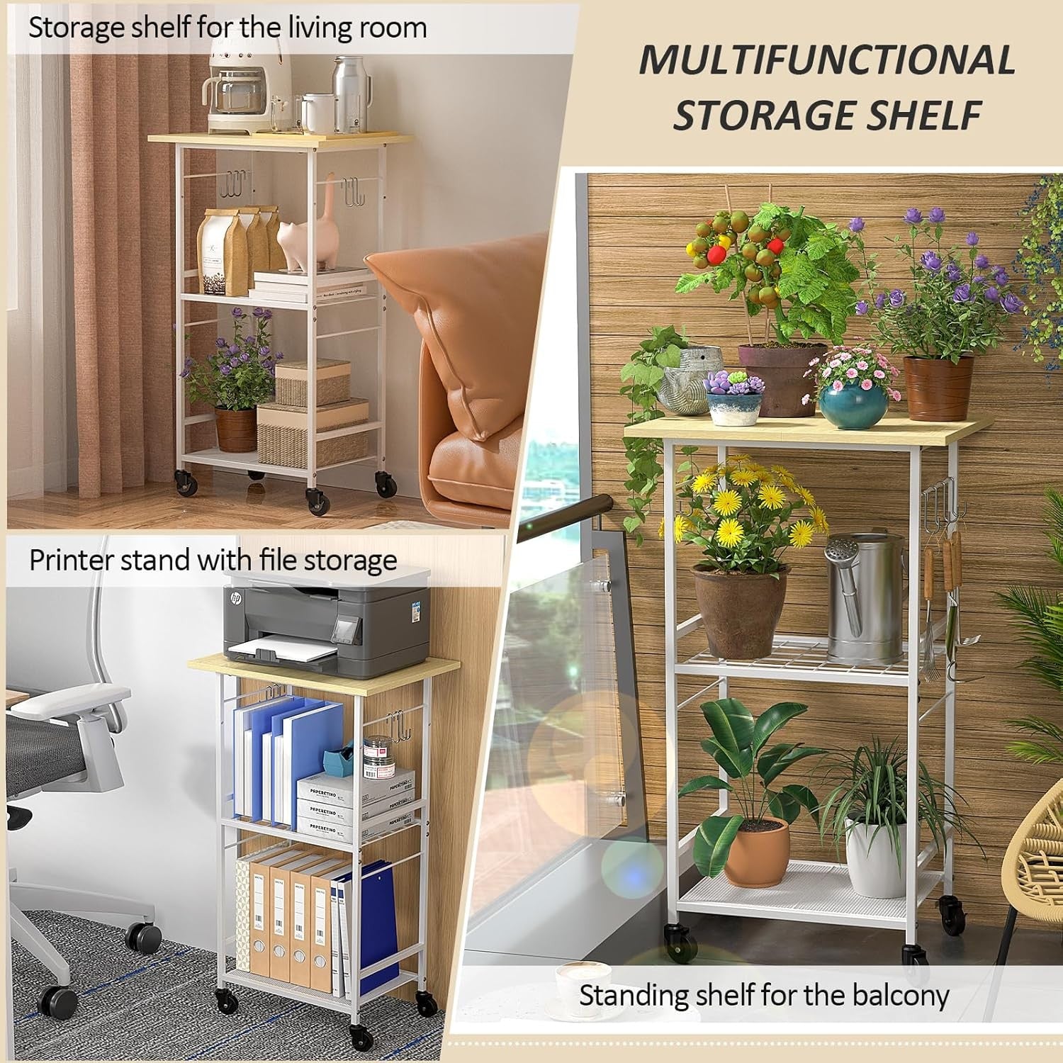 Rolling Microwave Cart 3 Tier Kitchen Storage Trolley Adjustable Wheels