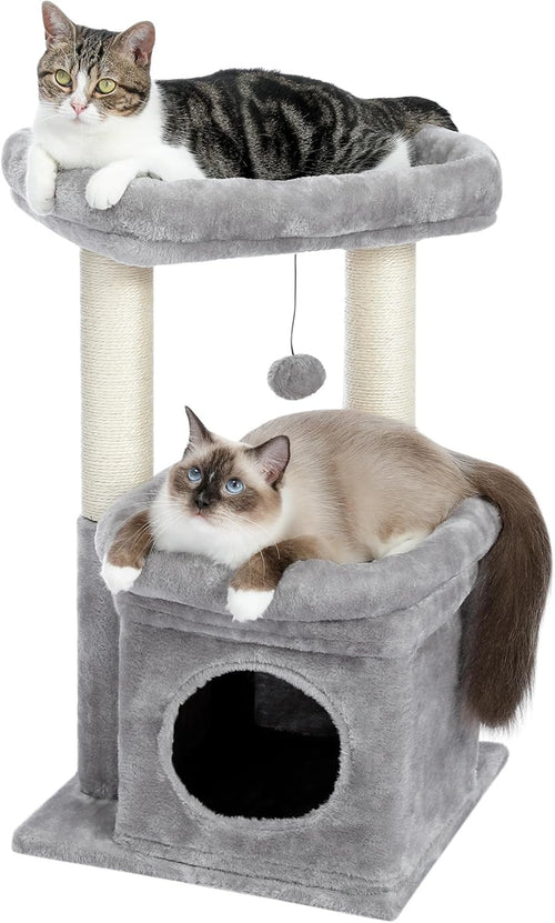 Small Cat Tree Tower with Condo Top Perch Sisal Scratching Post Grey