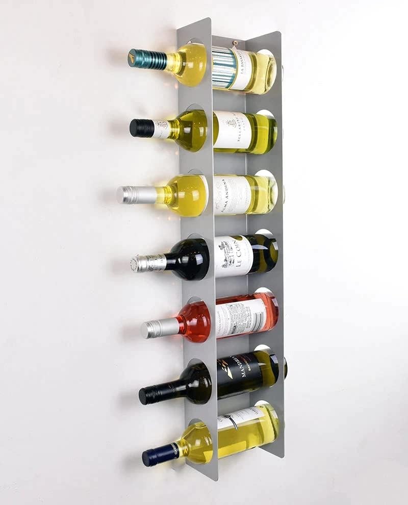 Wall Mounted Vertical Wine Rack 7 Bottle Holder Space Saving Modern Grey Steel