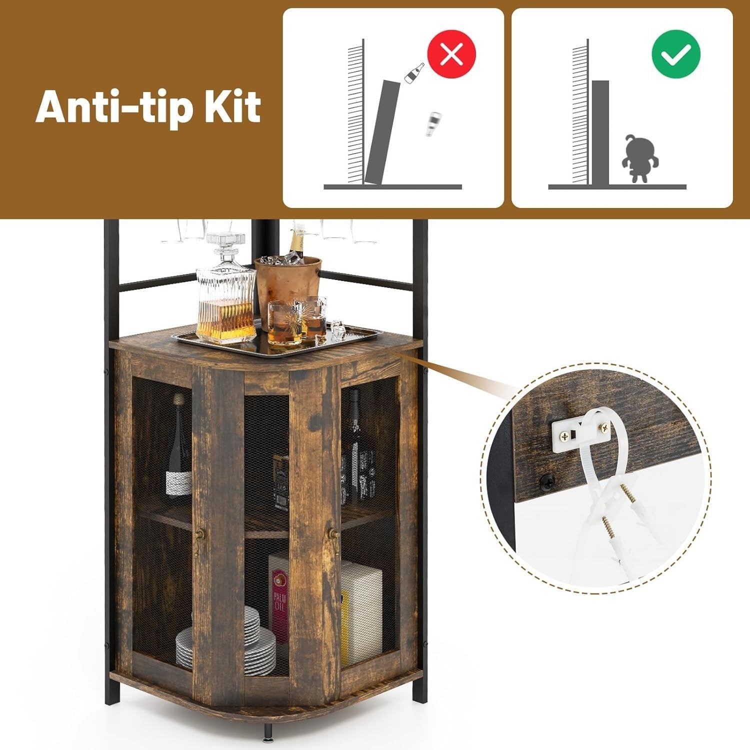 Corner Bar Cabinet with Wine Rack, Glass Holders & Shelf Rustic Industrial Unit