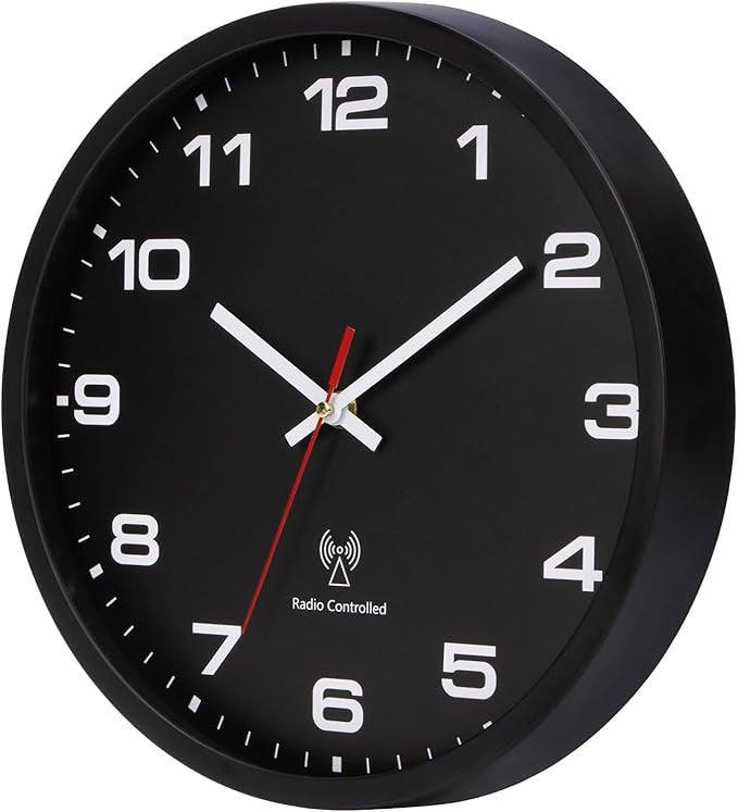 25cm Radio Controlled Wall Clock Silent Easy Read Modern Black Quartz Battery