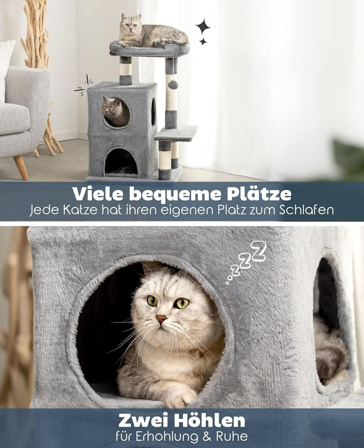 Cat Tree with 2 Condos Scratching Posts Plush Bed 80cm Light Grey
